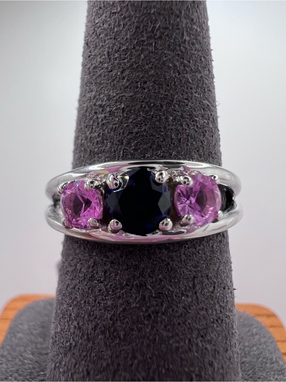 .925 Sterling Silver Three-Stone Blue and Pink Lab Created Sapphire Ring - Sz 8